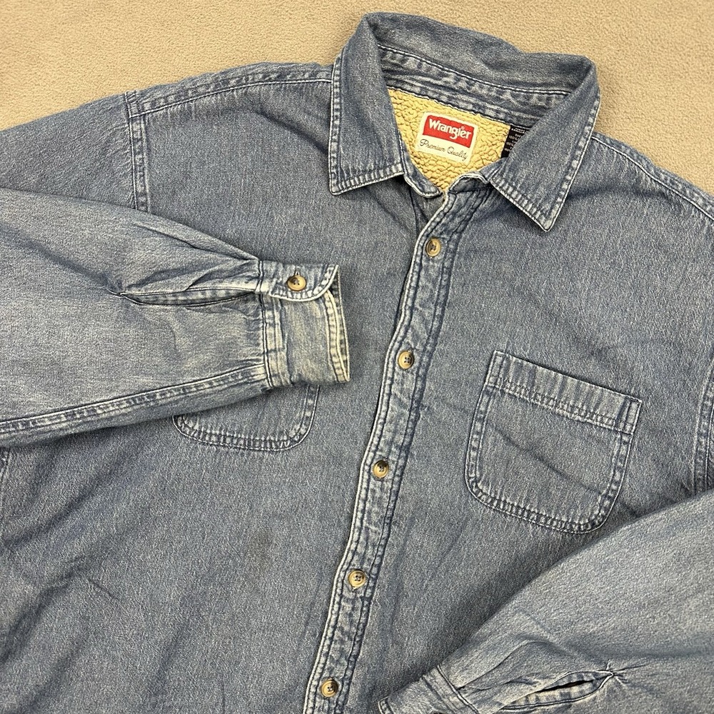 Wrangler Sherpa Lined Denim Jacket Large Blue Shacket Heavy Work Distressed